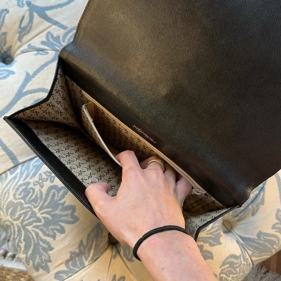 Authentic Yves Saint Laurent "YSL" Black Leather Envelope Clutch Bag W/Chain - Picture 13 of 15